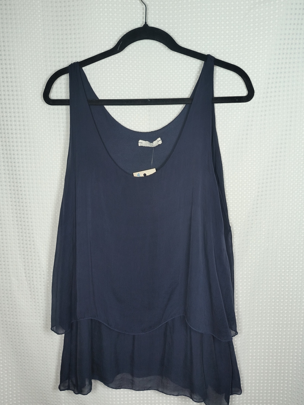 NWT Baci Silk Tank Top Lagenlook Layered Chiffon Navy Blue Luxury Boutique Large
